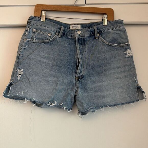 Agolde Dee Distressed Denim Fray Hem Jean Shorts Chimes Light Blue Wash Size 32 - Picture 3 of 9
